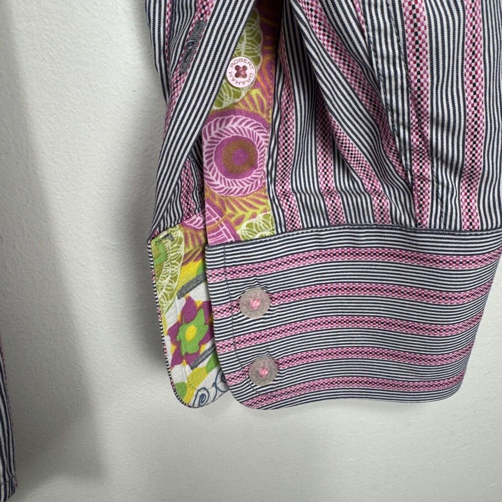 Robert Graham Flip Cuff Button Shirt Men Medium Gray Pink Striped Cotton Floral - Picture 5 of 11